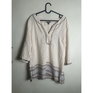 TOMMY BAHAMA Women's 100% Linen Shirt Beaded V-Neck Tunic Top Beige Medium Roomy